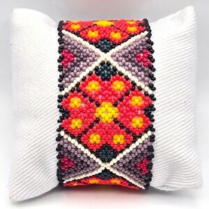 Handmade Seed Bead Cuff Bracelet Geometric Floral Red Purple Yellow Wide Band